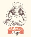 Hand drawn vector baker man bakery shop sketch