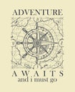 Retro travel banner with ship wheel and wind rose Royalty Free Stock Photo