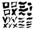 Hand drawn vector black brushed signs, marks, lines, crosses and checkboxes. Sings ans symbols set. Grungy marks