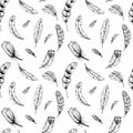 Hand drawn vector boho pattern. Vintage decorative feather ink drawing.