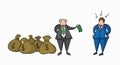 Hand-drawn vector boss has a lot of money with sacks and pays one money to his businessman worker