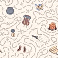 Hand drawn vector camping seamless pattern with backpack, bonfire, shoes, map, cauldron, sleeping bag, flashlight, compass and pa