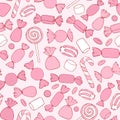 Hand drawn vector candies, canes and marshmallows seamless pattern on the pink background.