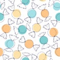 Hand drawn vector candy outline with blue and yellow circles seamless pattern on the white background. Easter holiday decoration