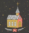Hand drawn vector card with the Catholic temple and starry sky. Christmas print design. Royalty Free Stock Photo