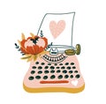 Hand drawn vector card with typewriter and heart. Scandinavian style illustration, love design for valentine`s day.