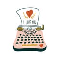 Hand drawn vector card with typewriter and heart. Scandinavian style illustration, love design for valentine`s day. Royalty Free Stock Photo