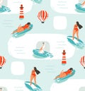 Hand drawn vector cartoon drawing summer time fun seamless pattern illustration with riding dogs and girls on surfboard Royalty Free Stock Photo