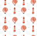 Hand drawn vector cartoon seamless pattern with lighthouse,hot air ballon and sea waves isolated on white background Royalty Free Stock Photo