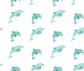 Hand drawn vector cartoon summer time seamless pattern with jumping dolphins in blue colors isolated on white background Royalty Free Stock Photo