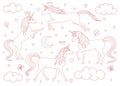 Hand drawn vector cartoon unicorns outline set isolated on white background. Magic creatures with stars, moons, clouds, butterflie