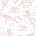 Hand drawn vector cartoon unicorns repeat pattern on white background. Pink magical creatures with stars, moons and clouds