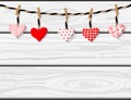 Hand drawn vector cartoon white wooden planks boards texture with handmade textile hearts hanging. St.Valentine`s concept Royalty Free Stock Photo