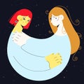 Hand drawn Vector character illustration of women hug each other. love friendship day