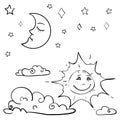 hand drawn vector children's coloring book with moon, sun, cloud, stars. vector