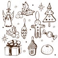 Hand drawn vector christmas doodle clipart set. xmas or new year outline sketched ink icons isolated on white. Vintage Royalty Free Stock Photo