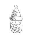 Hand drawn vector Christmas line winter Santa Claus with line berries, branches texture. Xmas advent icon outline