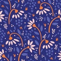 Hand Drawn Vector Classic Blue Daisy Summer Bloom Floral Motif Seamless Pattern. Pretty Vintage Flower Petal Background. Modern