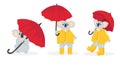Hand drawn vector collection of illustration of a little koala bear in yellow raincoat and rubber boots walking under an red umbre