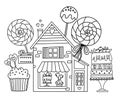 Hand-Drawn Vector Coloring Page Featuring A Cute Candy Shop House With Cakes On Display