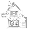 Hand-Drawn Vector Coloring Page Featuring A Cute Candy Shop House With Cakes On Display