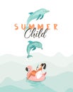 Hand drawn vector creative cartoon summer time poster with jumping dolphins,girl on pink flamingo float circle and Royalty Free Stock Photo