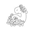 Hand drawn vector cute baby dino with line berries, branches, flower texture. Icon outline illustration for greeting Royalty Free Stock Photo
