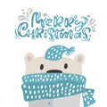 Hand drawn vector of cute funny winter bear in scarf and hat. Merry Christmas calligraphy lettering text. Xmas Royalty Free Stock Photo