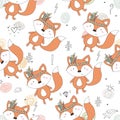 Hand drawn vector Cute seamless pattern with Cute Fox