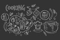 Hand drawn vector design of cooking ingredients and kitchen utensils for preparation dishes. Food and drink. Culinary