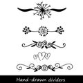 Hand drawn vector dividers. Lines, borders and laurels set. Doodle design elements. Royalty Free Stock Photo