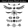 Hand drawn vector dividers. Lines, borders and laurels set. Doodle design elements. Royalty Free Stock Photo