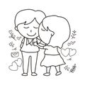 Hand drawn vector doodle illustration of cute couple, designed with black outline Royalty Free Stock Photo