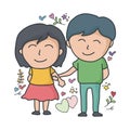 Hand drawn vector doodle illustration of cute couple, designed with black outline Royalty Free Stock Photo