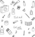 Hand drawn vector doodle illustration of first aid supplies.