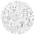 Hand-Drawn Vector Doodle Set antistress Relief Coloring Page On Spring Theme With Flowers, Garden Tools, Birdhouses Royalty Free Stock Photo