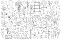 Hand-Drawn Vector Doodle Set antistress Relief Coloring Page On Spring Theme With Flowers, Garden Tools, Birdhouses Royalty Free Stock Photo