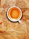 Hand-drawn vector doodles on a coffee theme: cups, turka, curls, cake, cinnamon, donuts, candies, coffee beans, sweets with cup o