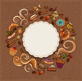 Hand-drawn vector doodles on a coffee theme: cups, turka, curls, cake, cinnamon, donuts, candies, coffee beans, sweets. Elements