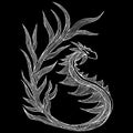 Hand drawn vector dragon illustration isolated on black background. Fantastic dragon icon. Freehand mythology aminal. Fantasy