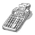 Hand-drawn vector drawing of Adding Machine with Tape Classic Business Calculator.