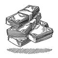 Hand-drawn vector drawing of some Stacks of Money Banknotes. Black-and-White sketch on a transparent background