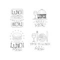 Hand drawn vector emblems for cafe or restaurant menu. Lunch time. Logos with tasty pizza, burger, glass of water and Royalty Free Stock Photo