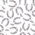 Hand drawn vector equestrian equipment. Horseshoe seamless pattern.