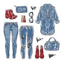 Hand drawn vector fashion Collection of women's jeans light blue