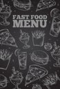 Hand drawn vector fast food on chalkboard in vintage style elements for restaurant menu Royalty Free Stock Photo