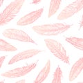 Hand drawn vector feathers line art seamless pattern on white background. Detailed pink boho decoration