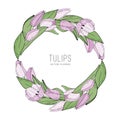 Hand drawn vector floral frame with pink flowers tulips, branch and leaves. Elegant logo template. Royalty Free Stock Photo