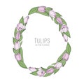 Hand drawn vector floral frame with pink flowers tulips, branch and leaves. Elegant logo template. Royalty Free Stock Photo