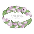 Hand drawn vector floral frame with pink flowers tulips, branch and leaves. Elegant logo template. Royalty Free Stock Photo